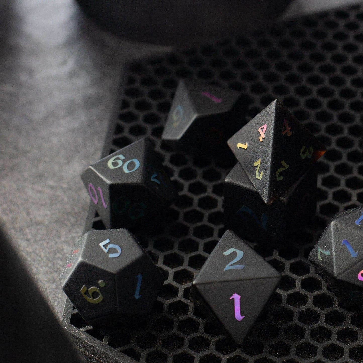 Inked Black Night Raised Obsidian Hand Carved Dice DND Set - Full Set And Free Dice Box