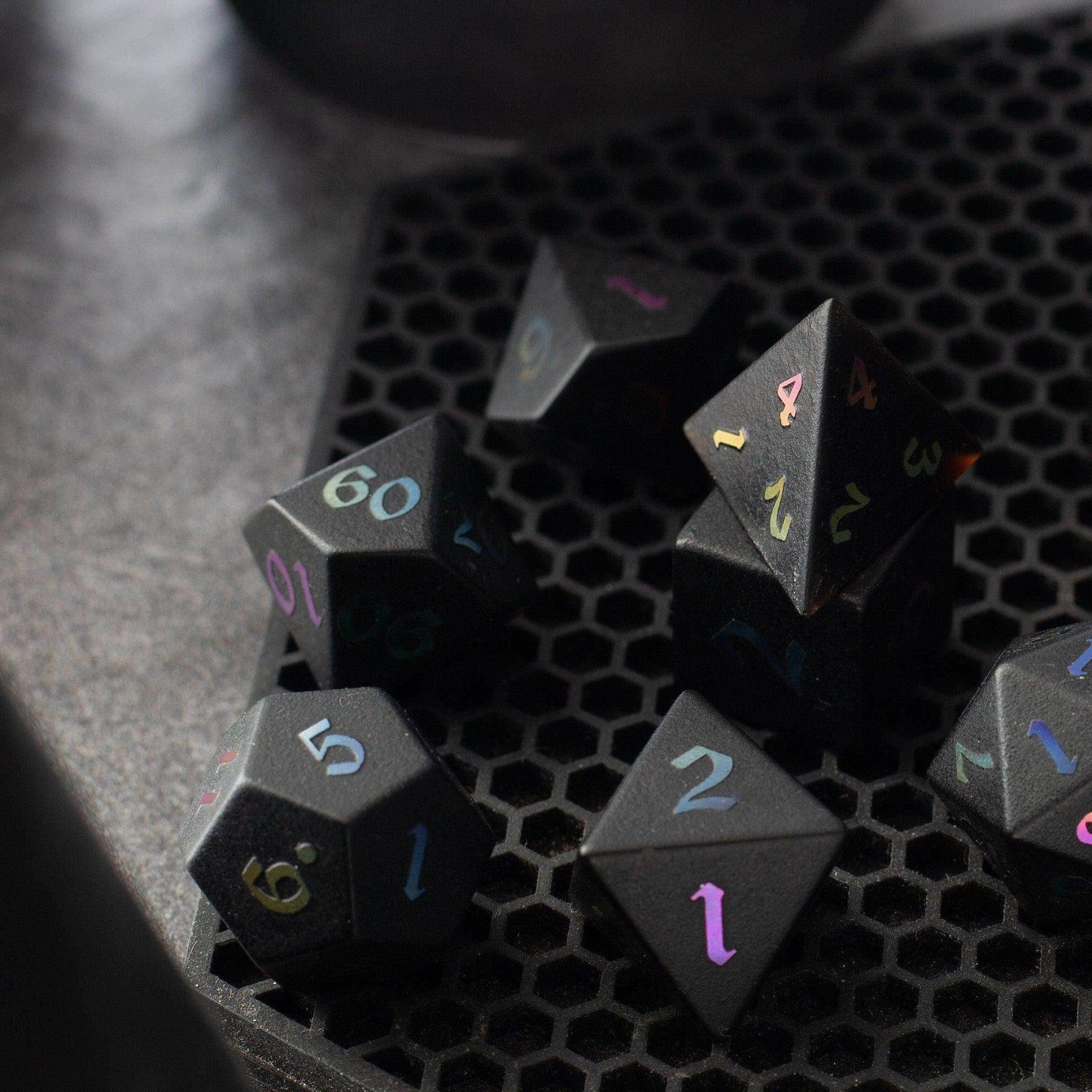 Inked Black Night Raised Obsidian Hand Carved Dice DND Set - Full Set And Free Dice Box