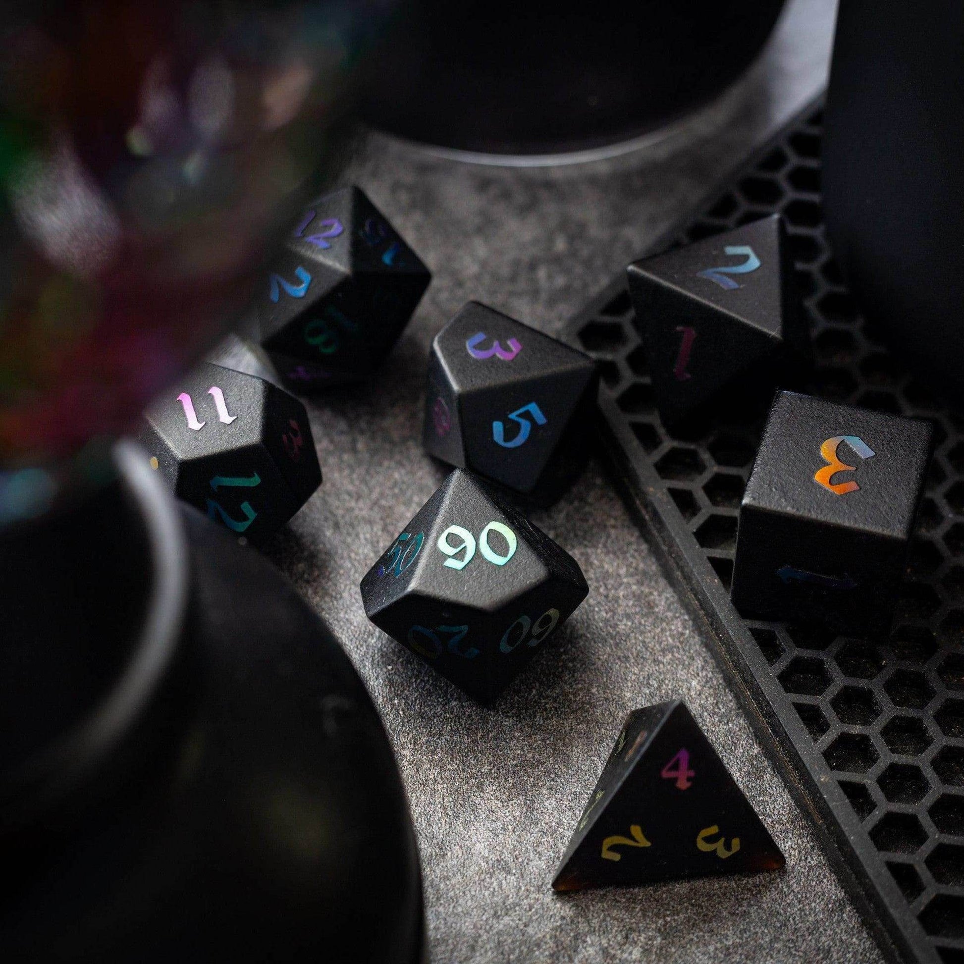Inked Black Night Raised Obsidian Hand Carved Dice DND Set - Full Set And Free Dice Box