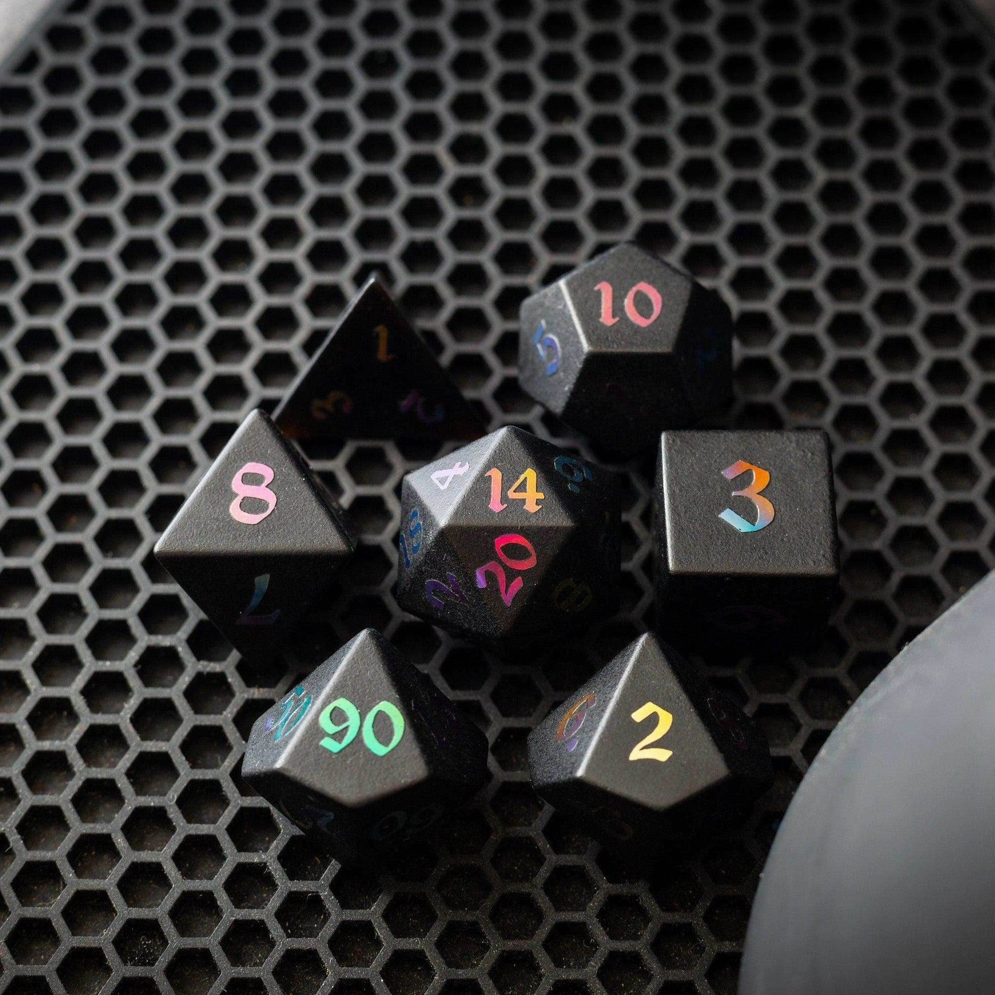 Inked Black Night Raised Obsidian Hand Carved Dice DND Set - Full Set And Free Dice Box
