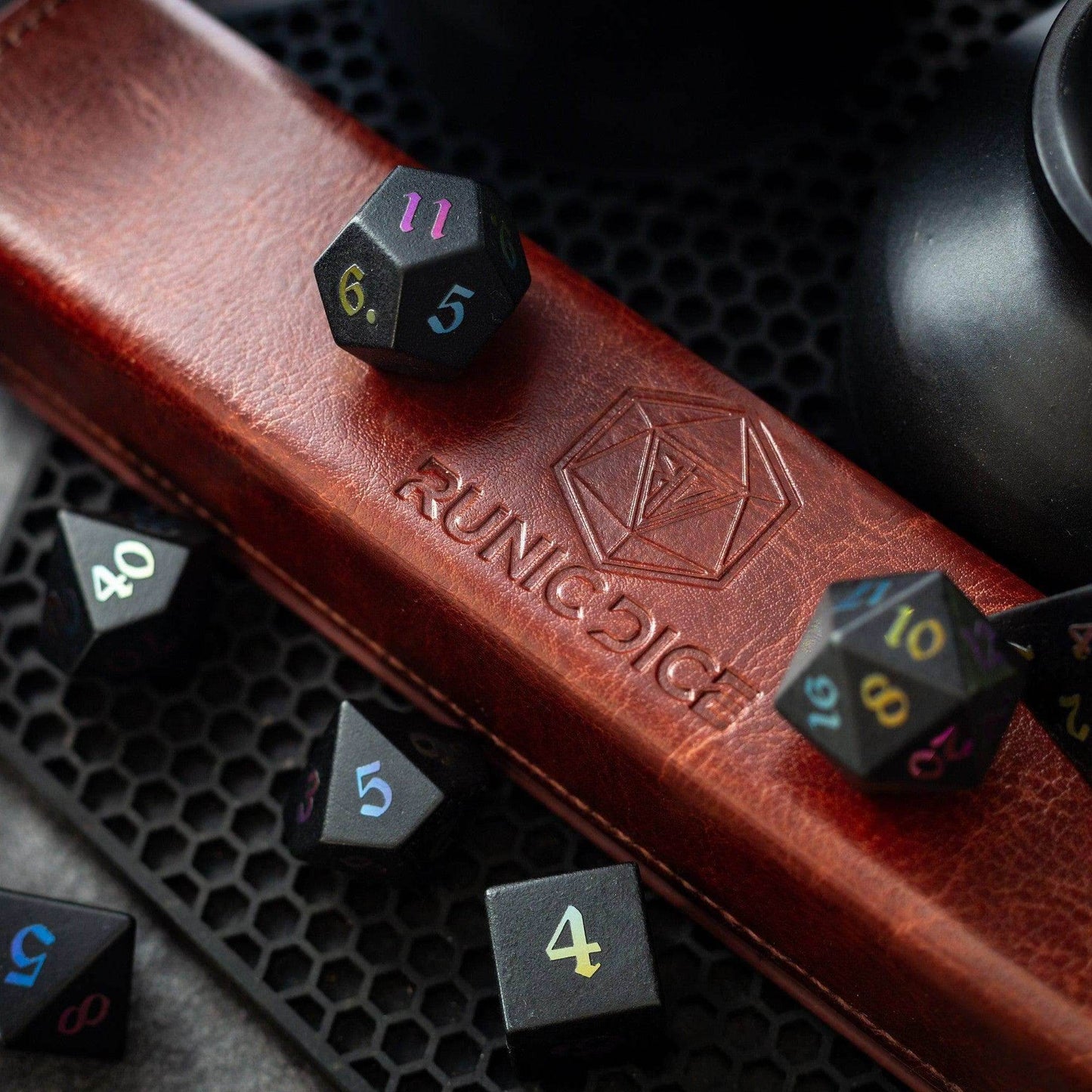 Inked Black Night Raised Obsidian Hand Carved Dice DND Set - Full Set And Free Dice Box
