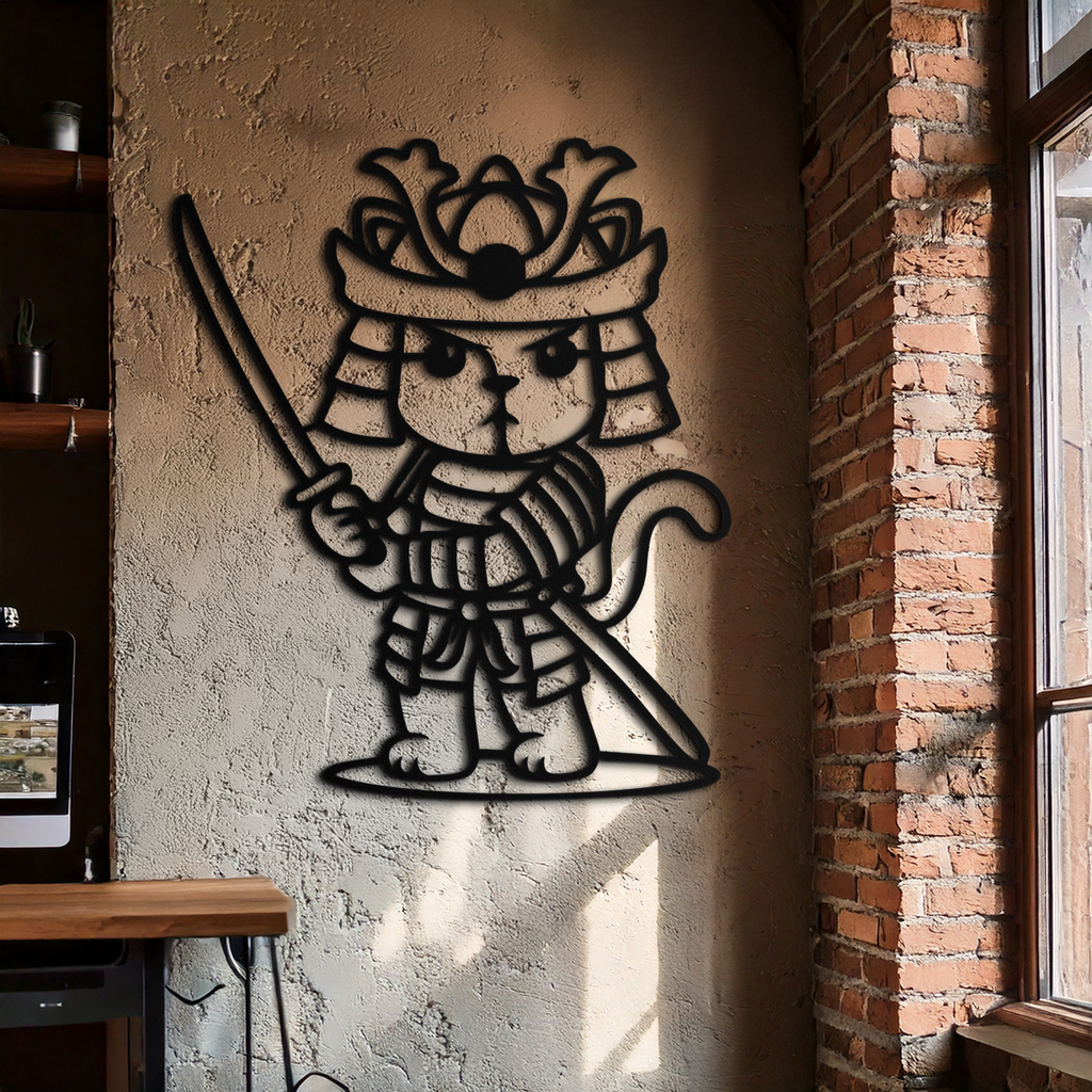 Samurai Cat Warrior Metal Wall Art – Cute Japanese Katana Decor- KAF576