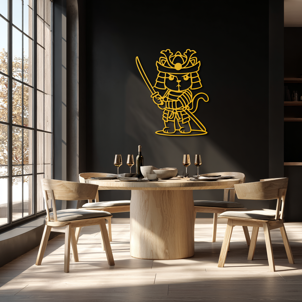 Samurai Cat Warrior Metal Wall Art – Cute Japanese Katana Decor- KAF576