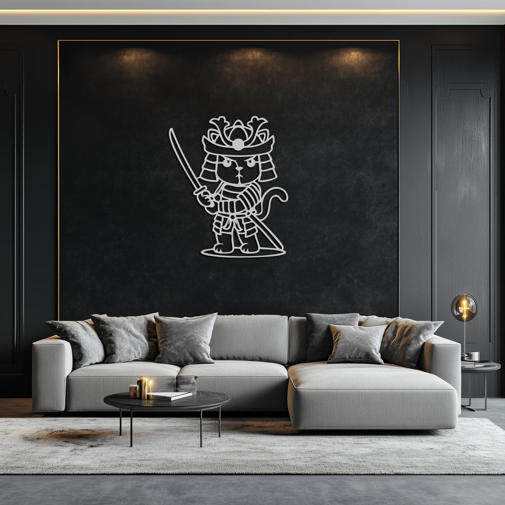 Samurai Cat Warrior Metal Wall Art – Cute Japanese Katana Decor- KAF576
