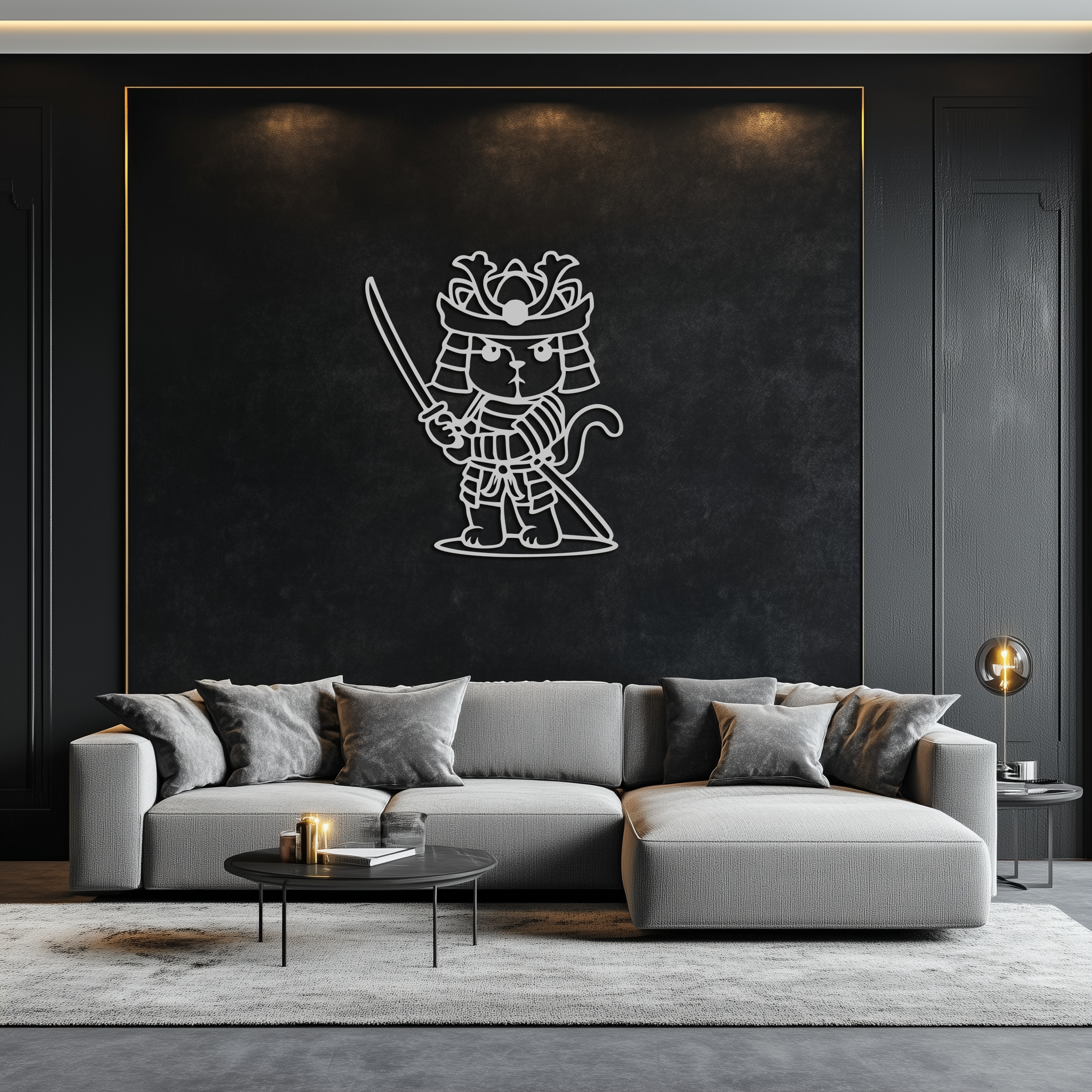 Samurai Cat Warrior Metal Wall Art – Cute Japanese Katana Decor- KAF576