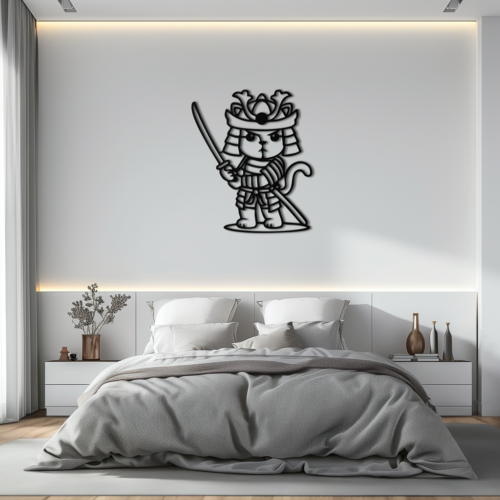 Samurai Cat Warrior Metal Wall Art – Cute Japanese Katana Decor- KAF576