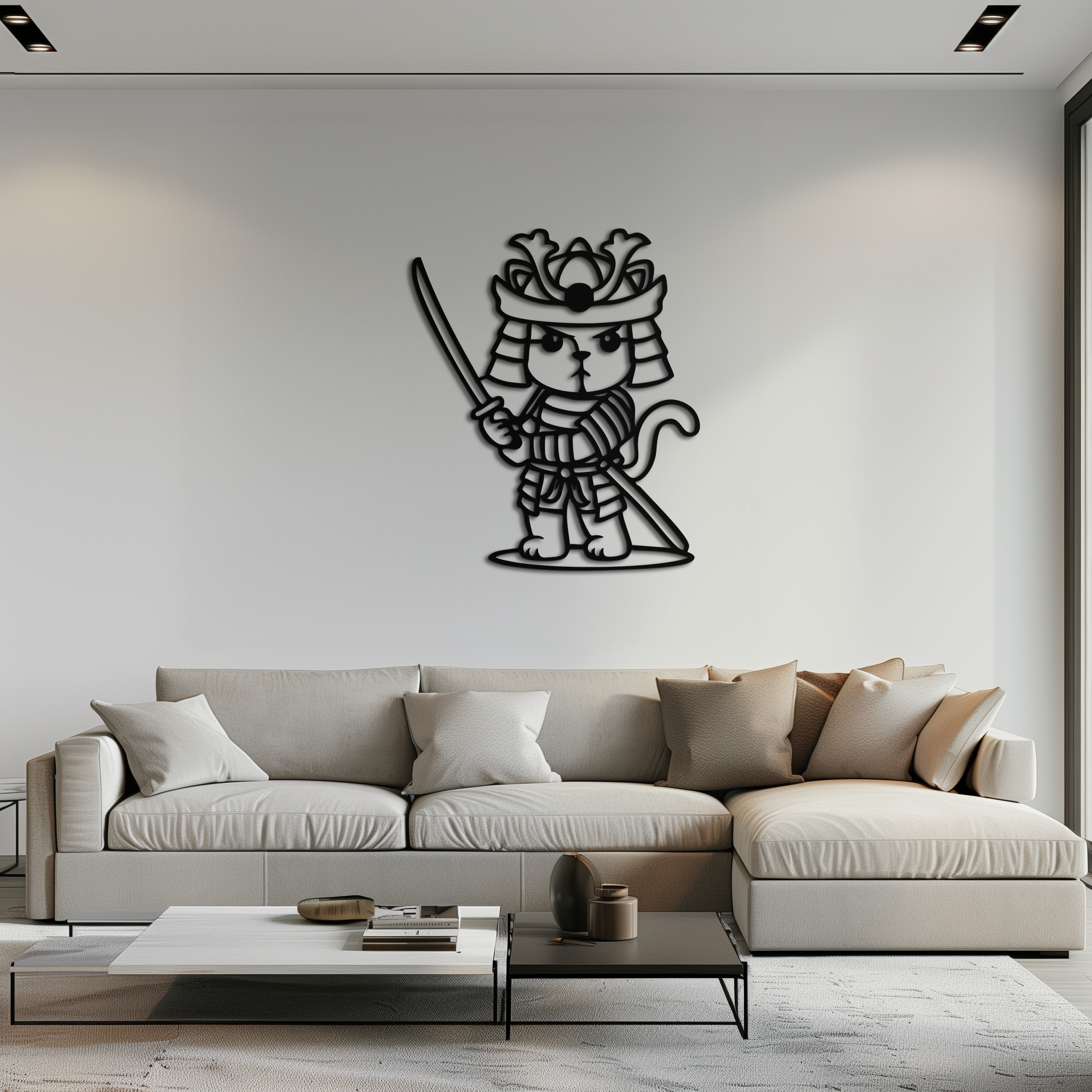 Samurai Cat Warrior Metal Wall Art – Cute Japanese Katana Decor- KAF576
