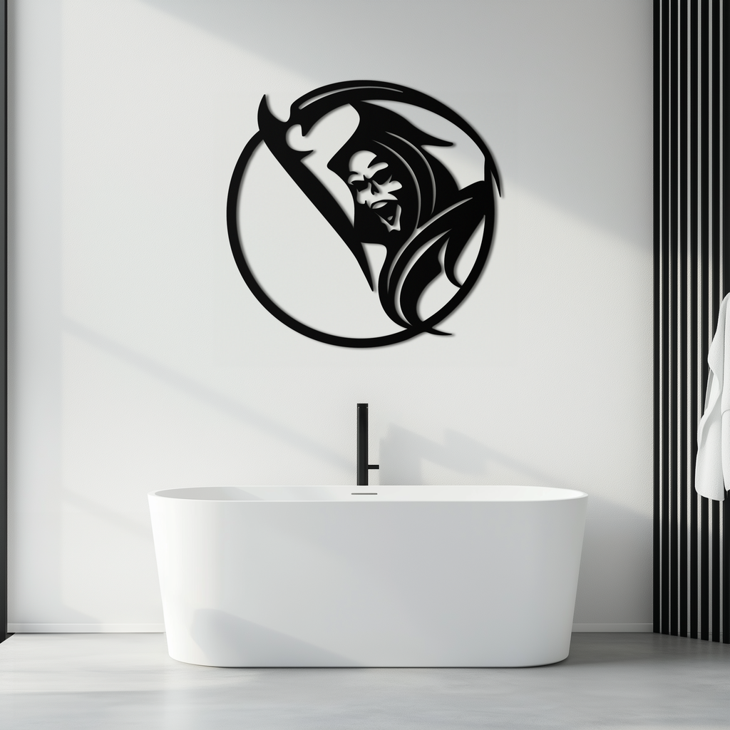 Grim Reaper Circle Metal Wall Art – Dark Gothic Scythe Decor for Horror Enthusiasts- KAF586