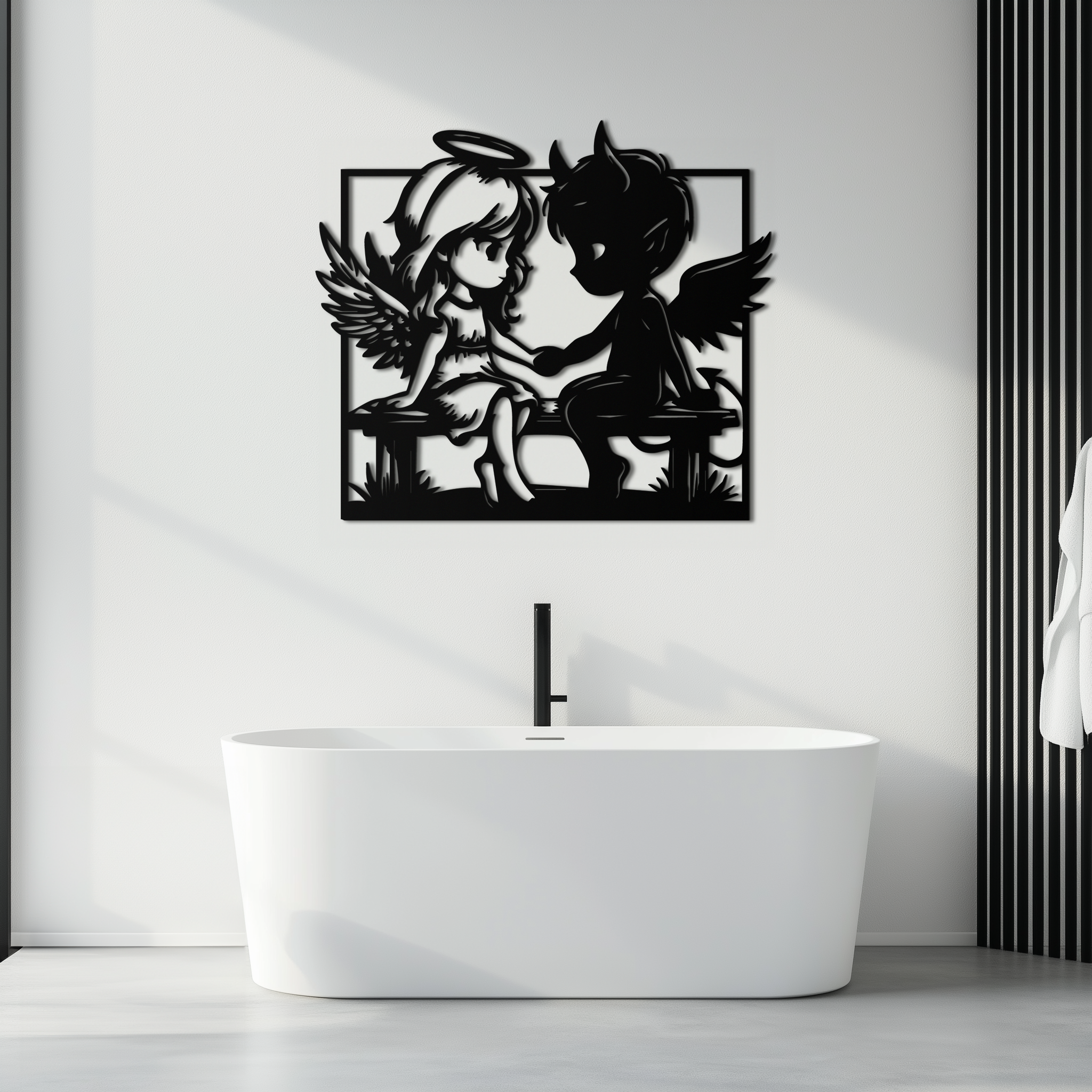 Angel and Devil Holding Hands Metal Wall Art – Whimsical Love Contrast Silhouette- KAF591