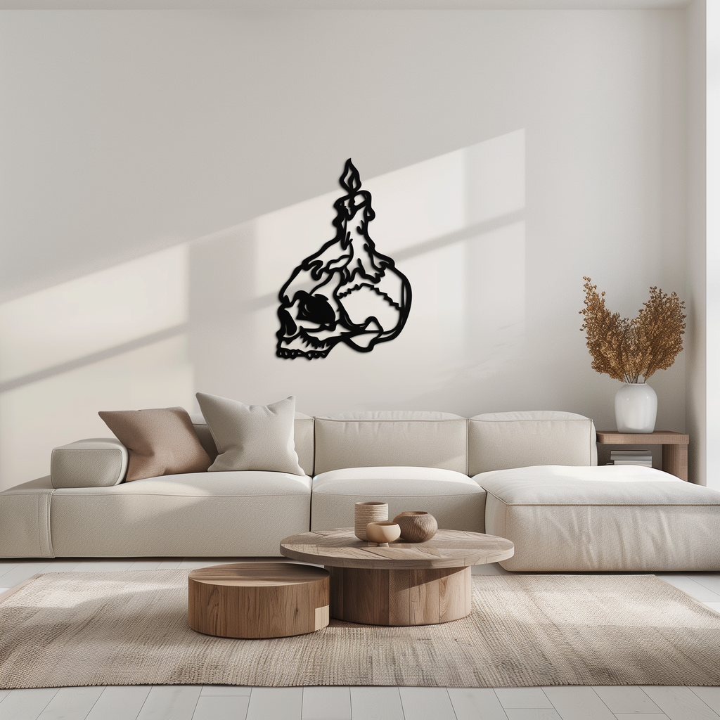 Candle on Skull Gothic Style Metal Wall Art – Dark Themed Home Decor - KAF643