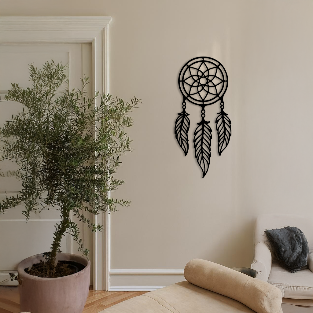 Dreamcatcher Silhouette Metal Wall Art – Boho Feather Design - KAFGP065