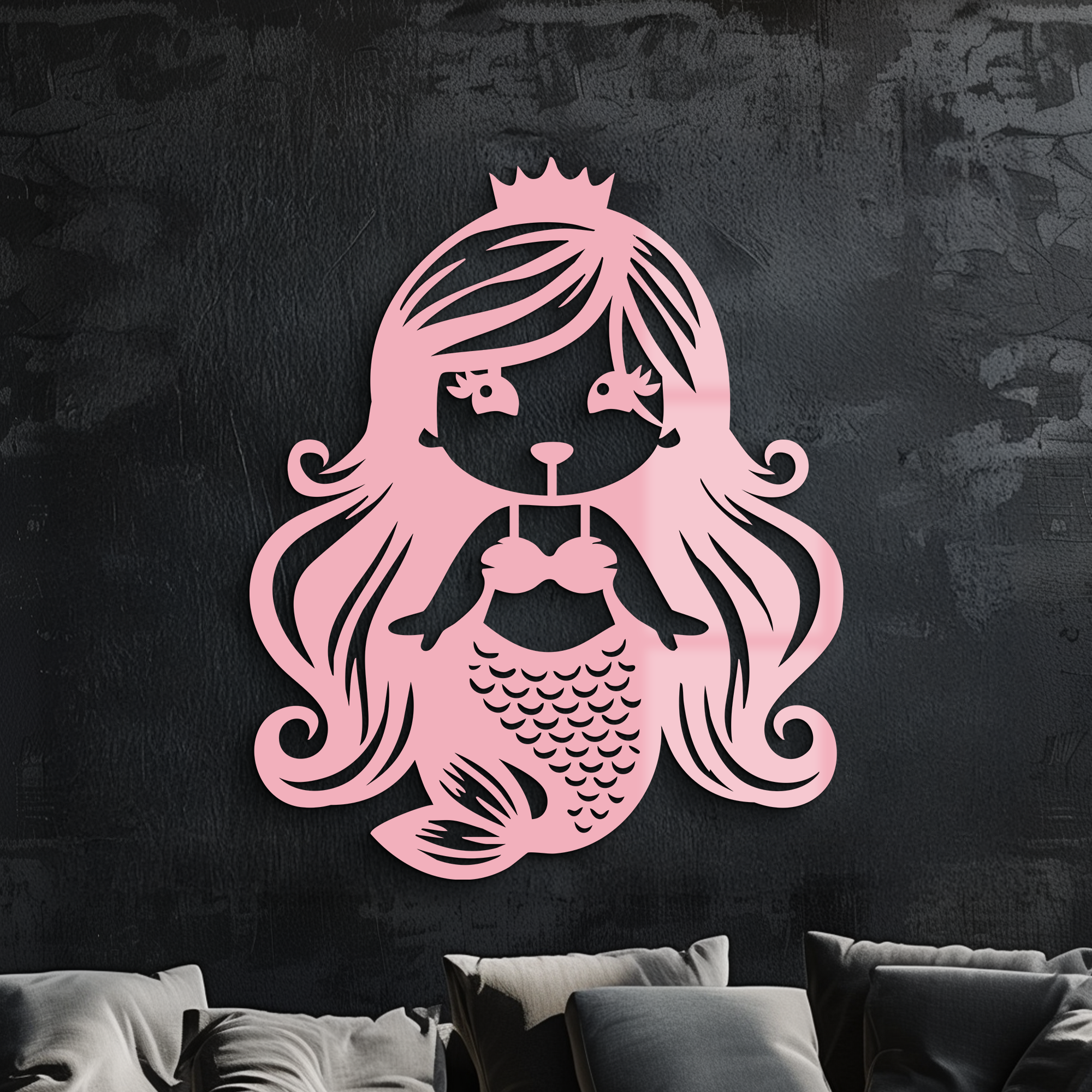 Pink Mermaid Silhouette Metal Wall Art – Cute Ocean Fantasy Wall Decor for Girls - KAFGP152