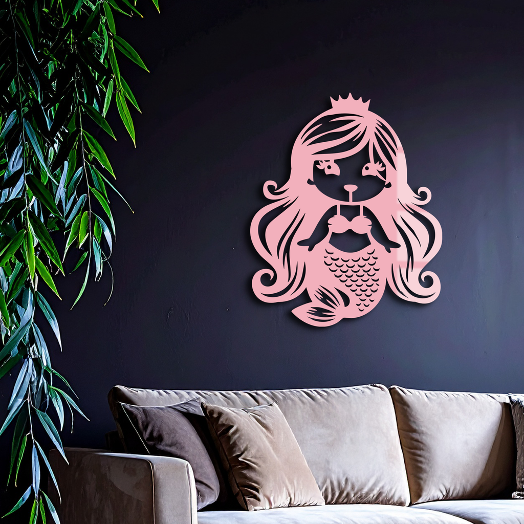 Pink Mermaid Silhouette Metal Wall Art – Cute Ocean Fantasy Wall Decor for Girls - KAFGP152