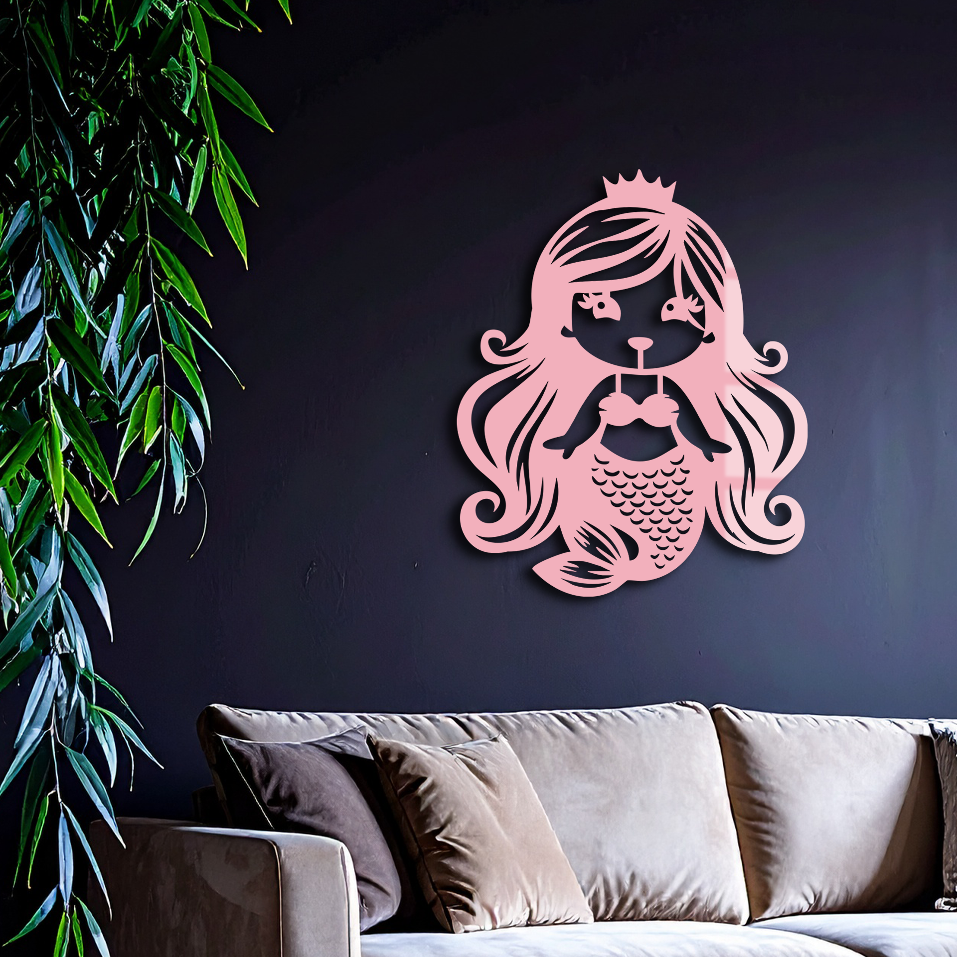 Pink Mermaid Silhouette Metal Wall Art – Cute Ocean Fantasy Wall Decor for Girls - KAFGP152