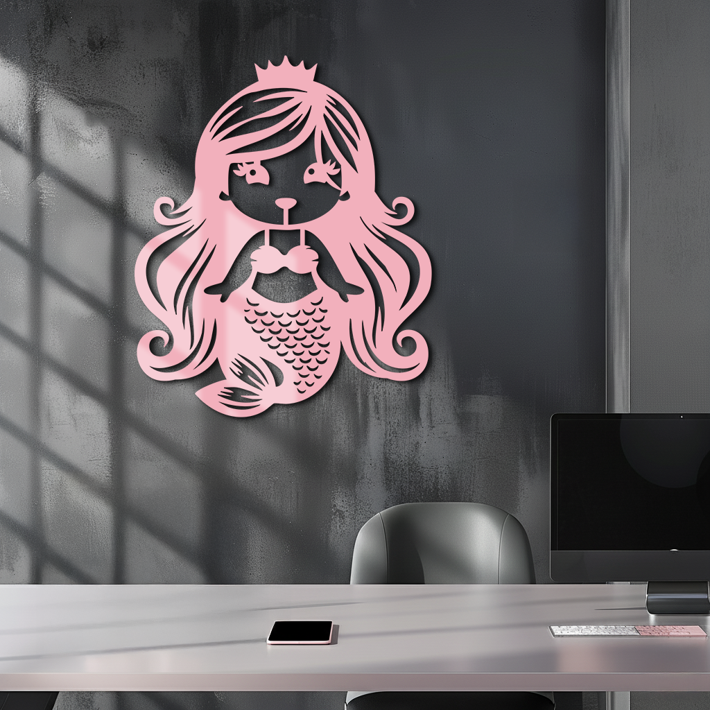 Pink Mermaid Silhouette Metal Wall Art – Cute Ocean Fantasy Wall Decor for Girls - KAFGP152