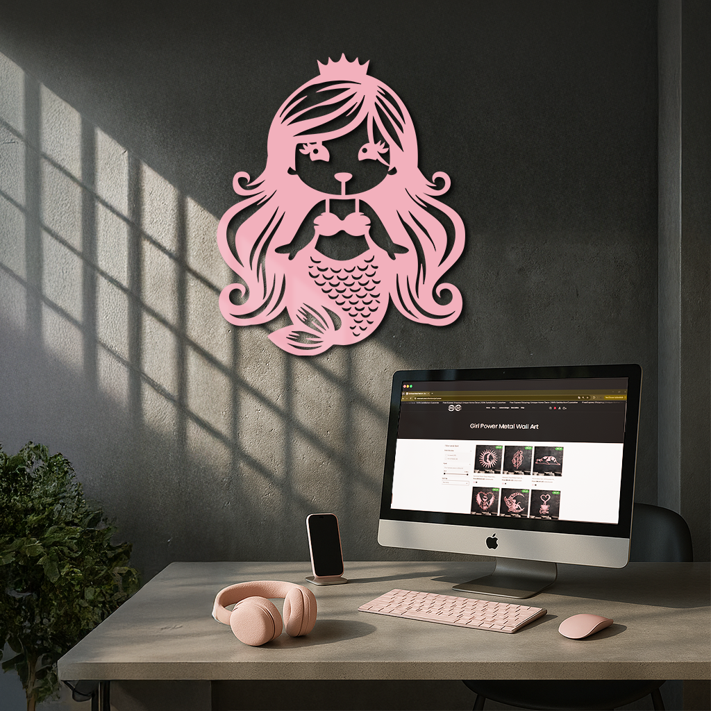 Pink Mermaid Silhouette Metal Wall Art – Cute Ocean Fantasy Wall Decor for Girls - KAFGP152