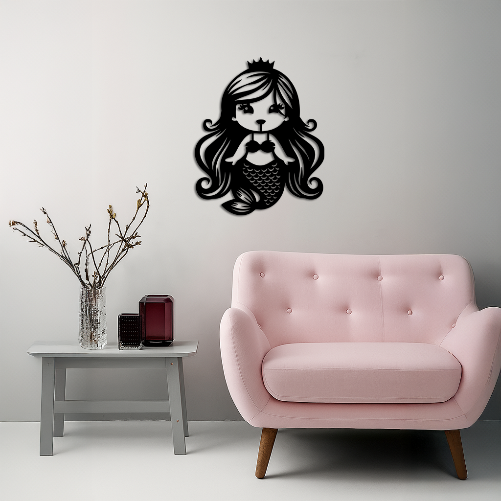 Pink Mermaid Silhouette Metal Wall Art – Cute Ocean Fantasy Wall Decor for Girls - KAFGP152