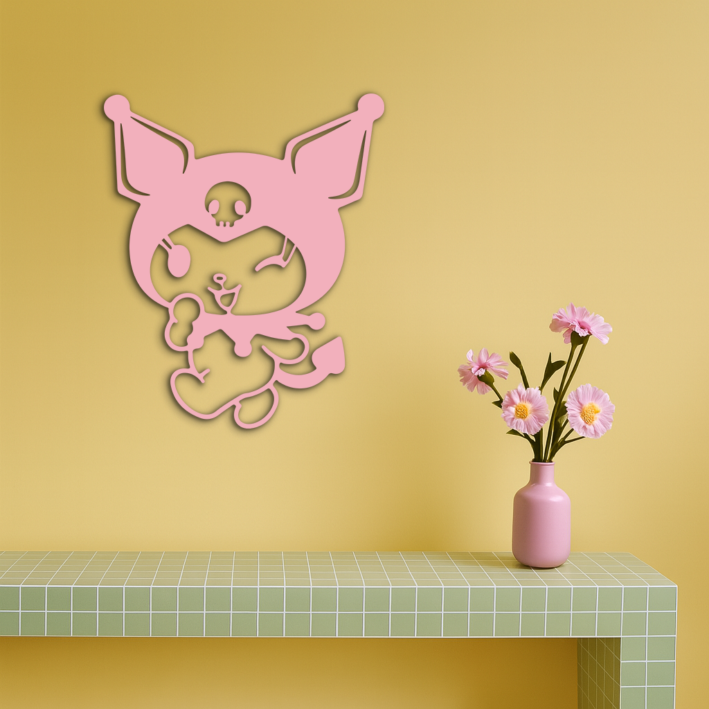 Cute Kuromi Winking Silhouette – Pink Metal Wall Art for Modern Décor - KAFGP172