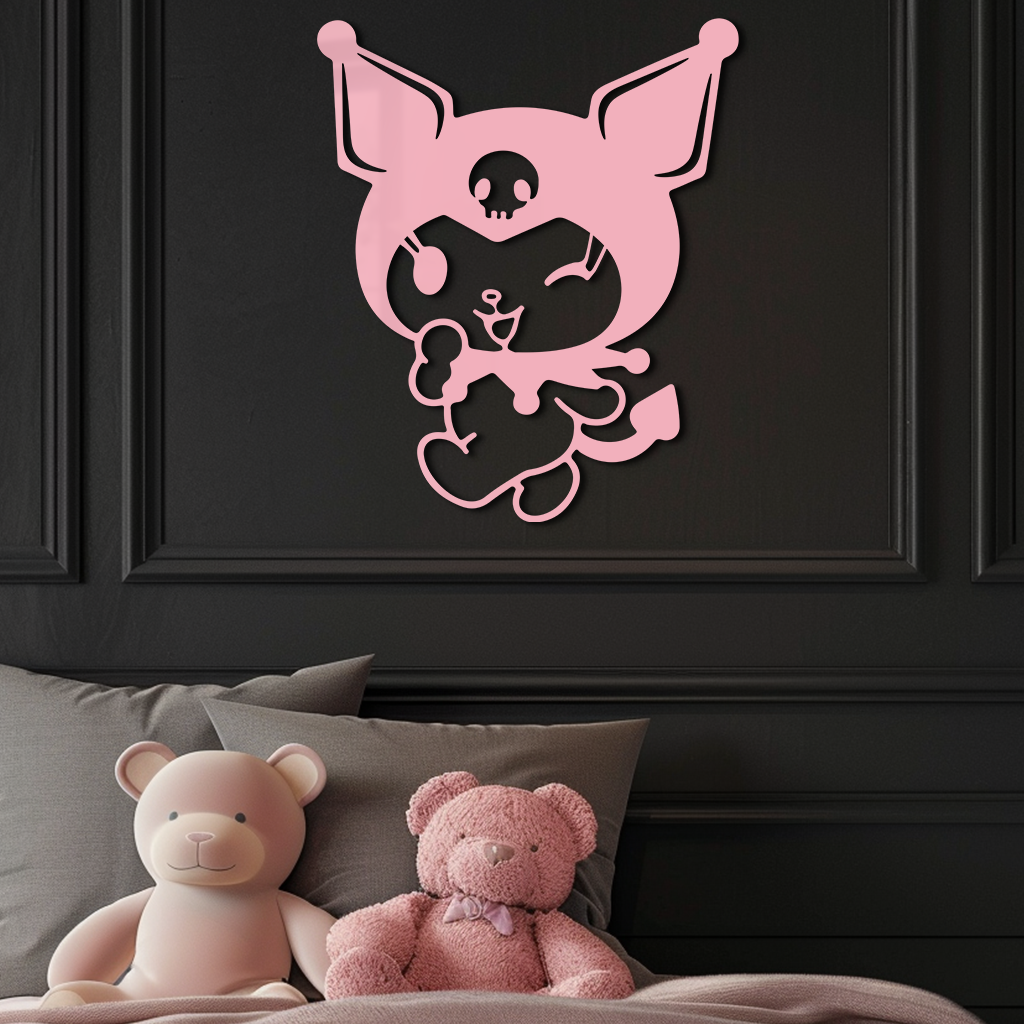 Cute Kuromi Winking Silhouette – Pink Metal Wall Art for Modern Décor - KAFGP172