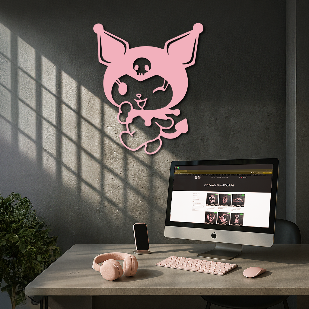 Cute Kuromi Winking Silhouette – Pink Metal Wall Art for Modern Décor - KAFGP172
