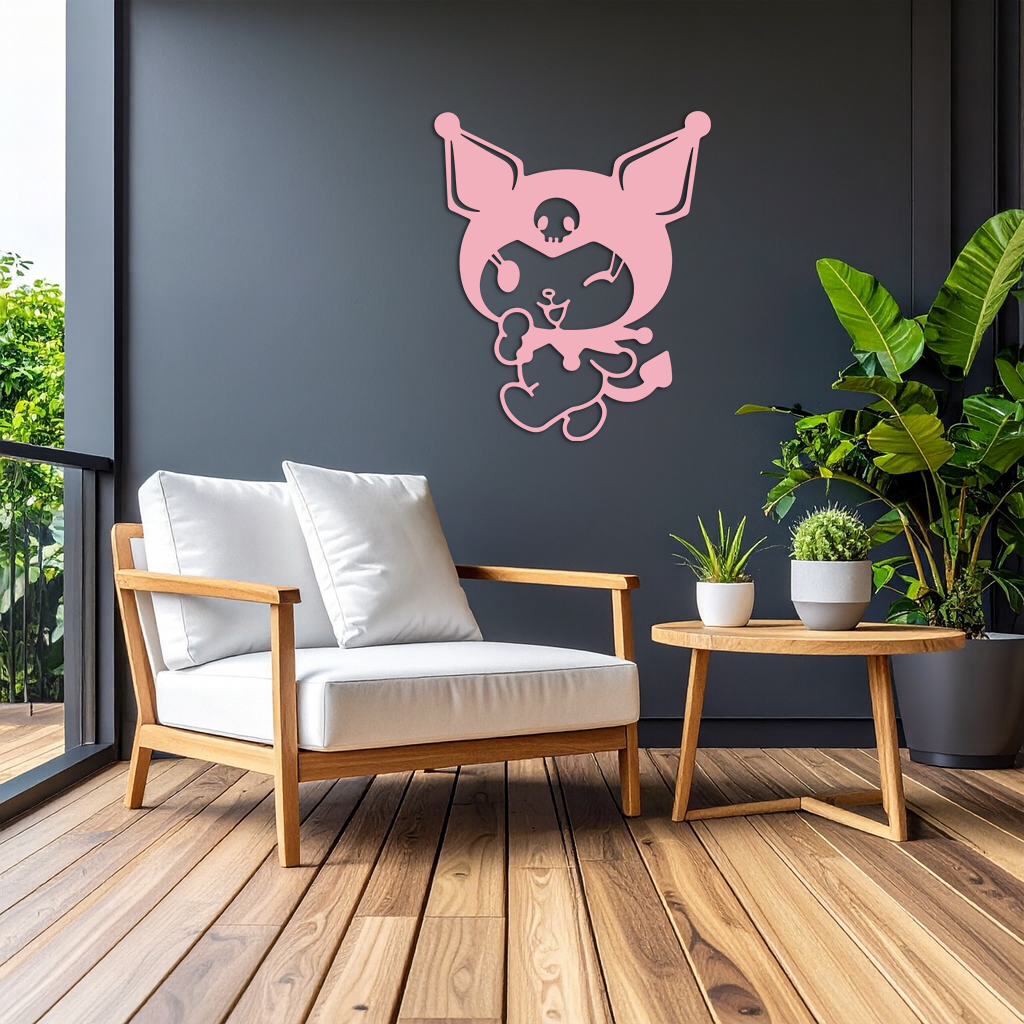 Cute Kuromi Winking Silhouette – Pink Metal Wall Art for Modern Décor - KAFGP172
