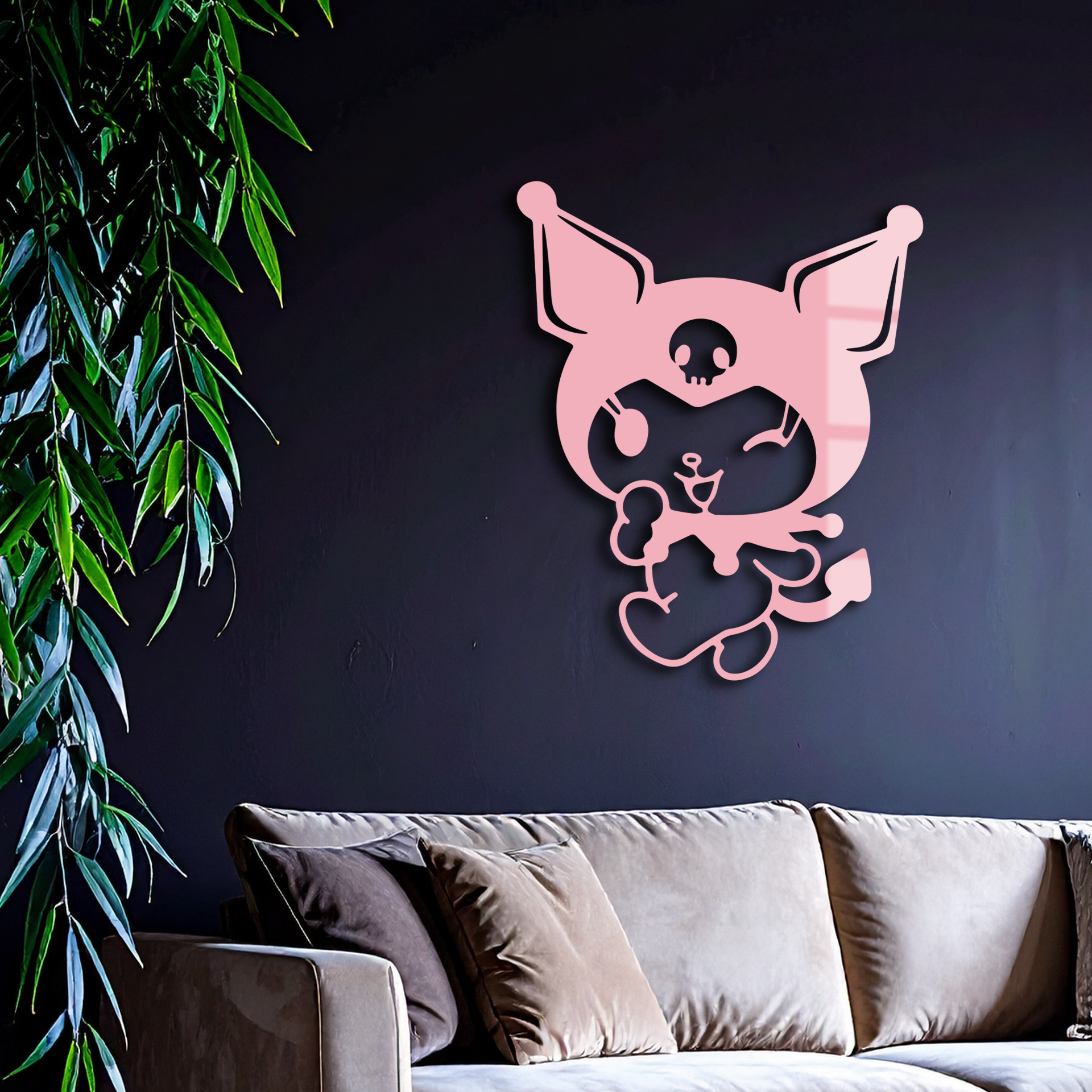 Cute Kuromi Winking Silhouette – Pink Metal Wall Art for Modern Décor - KAFGP172