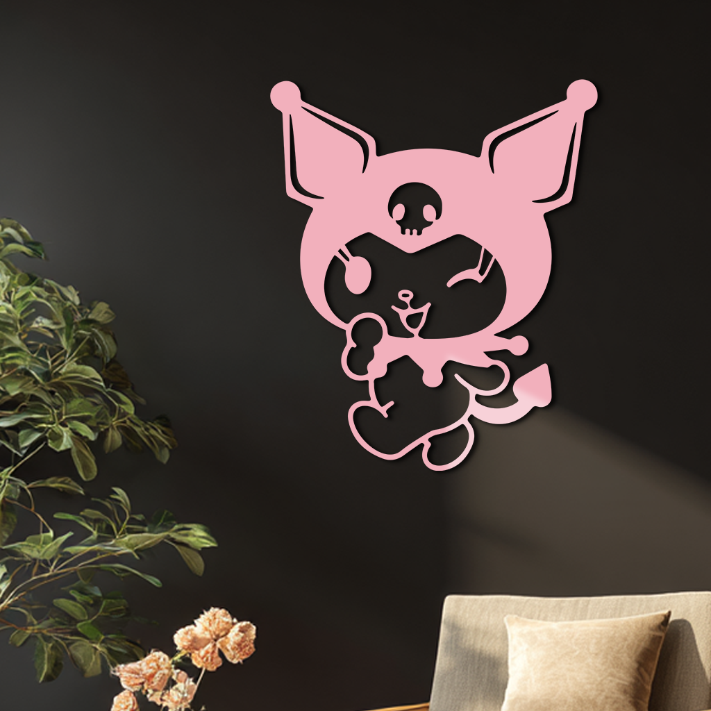 Cute Kuromi Winking Silhouette – Pink Metal Wall Art for Modern Décor - KAFGP172