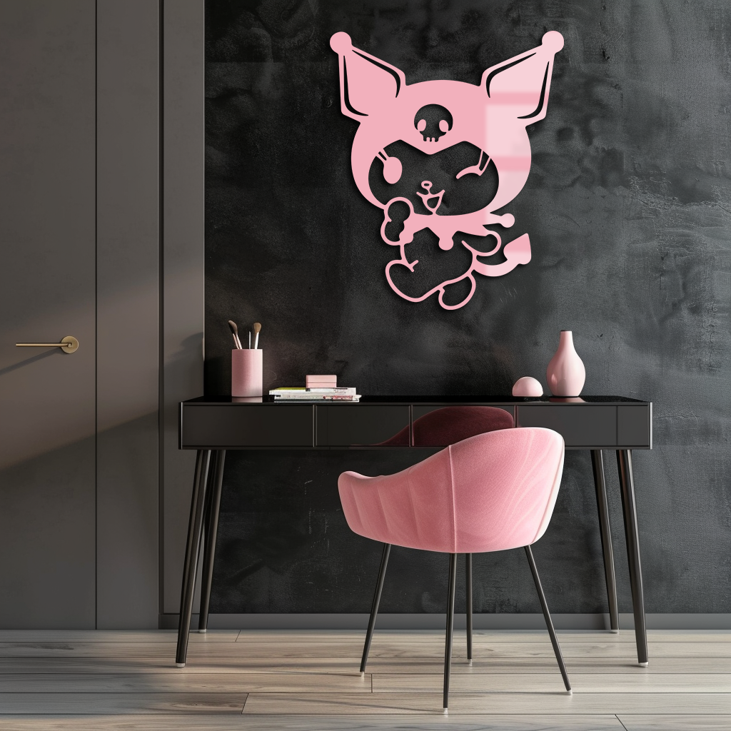 Cute Kuromi Winking Silhouette – Pink Metal Wall Art for Modern Décor - KAFGP172