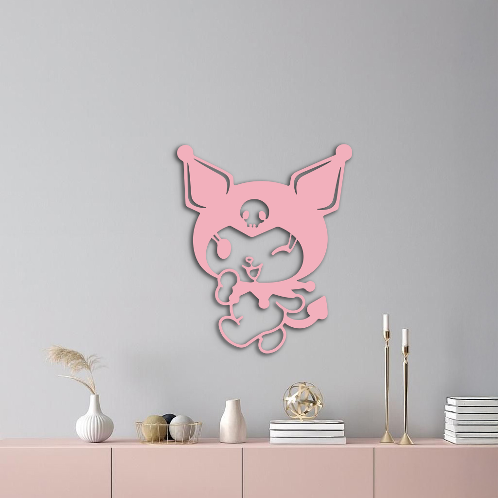 Cute Kuromi Winking Silhouette – Pink Metal Wall Art for Modern Décor - KAFGP172