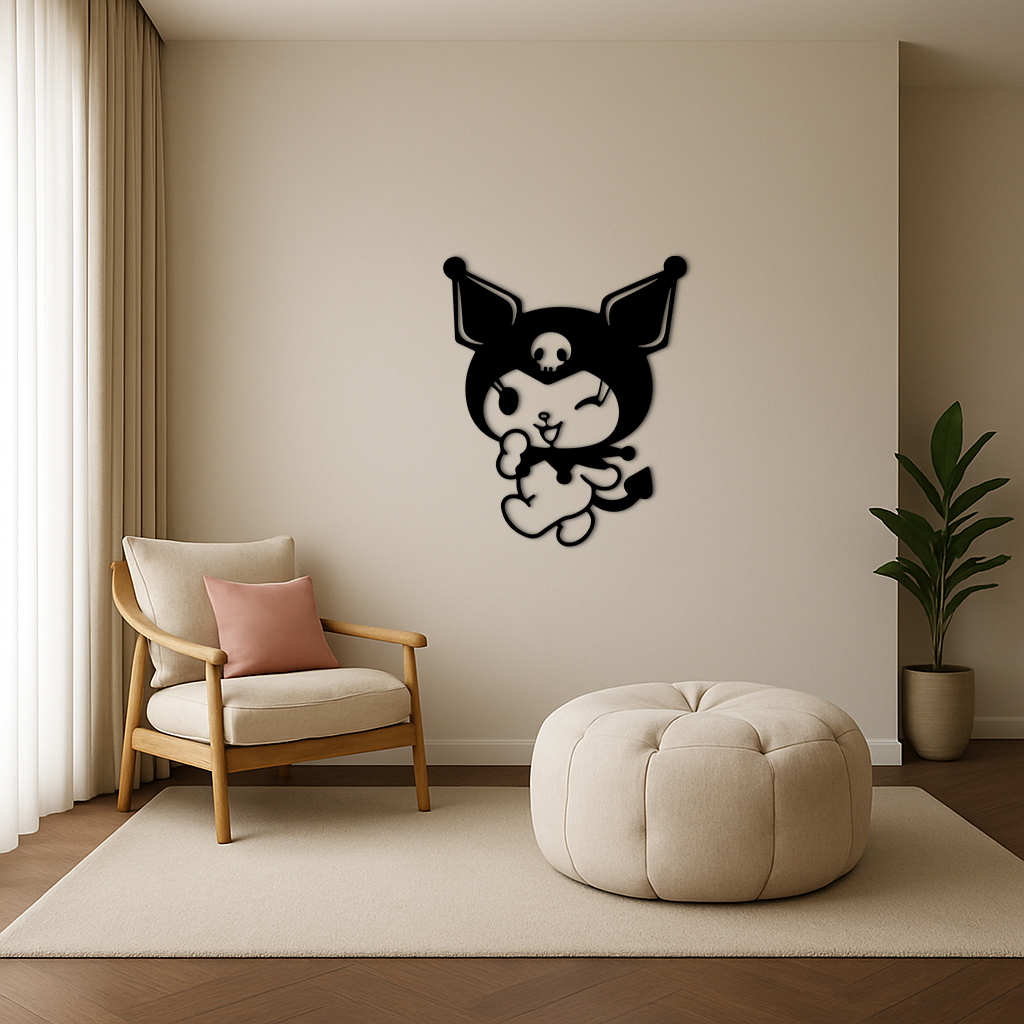 Cute Kuromi Winking Silhouette – Pink Metal Wall Art for Modern Décor - KAFGP172
