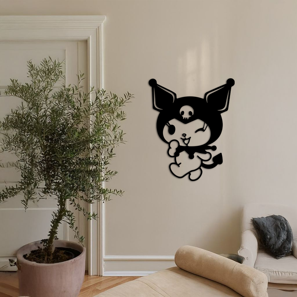 Cute Kuromi Winking Silhouette – Pink Metal Wall Art for Modern Décor - KAFGP172