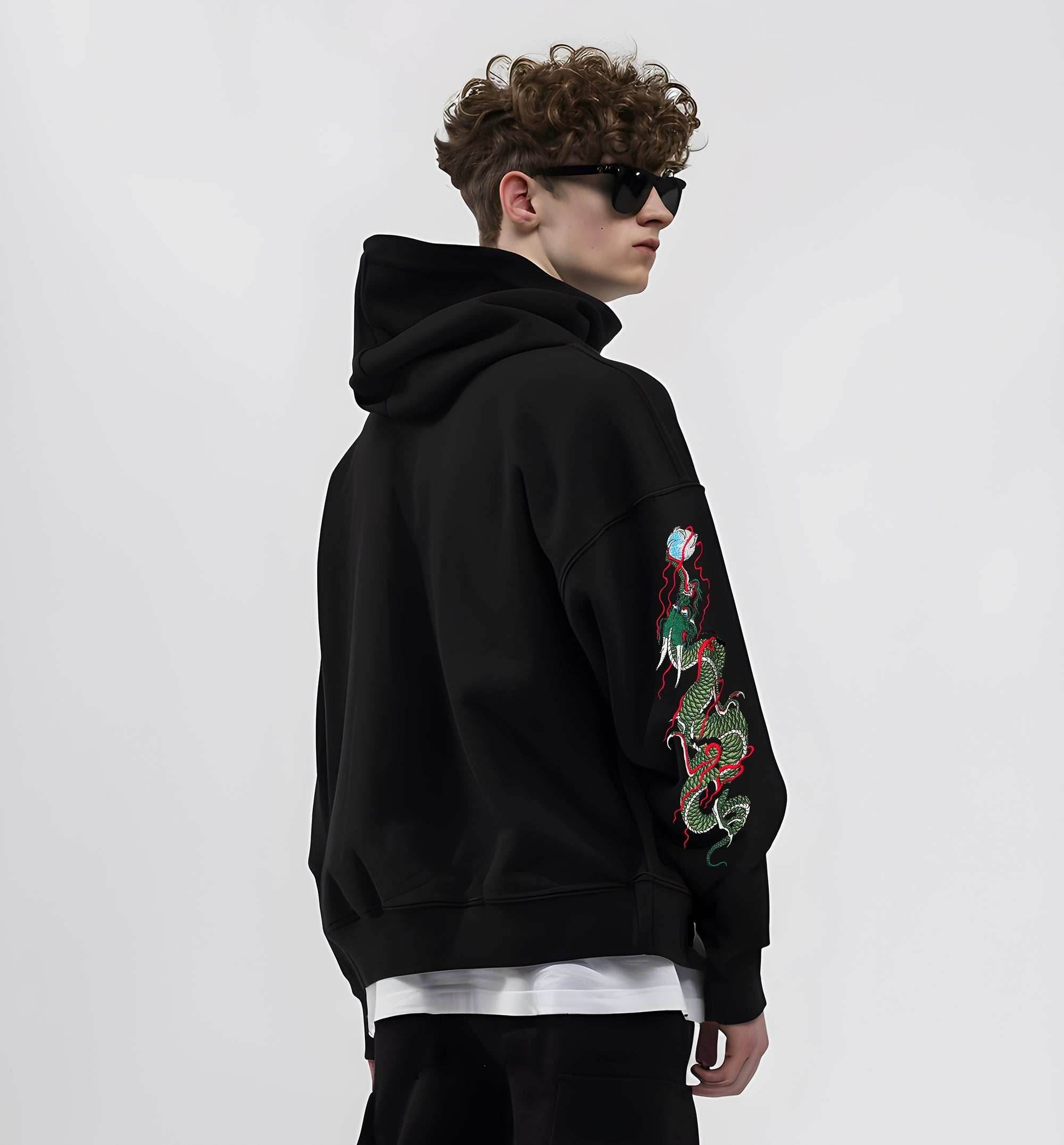 KH9005 Green Dragon Embroidery Hoodie - Black / S