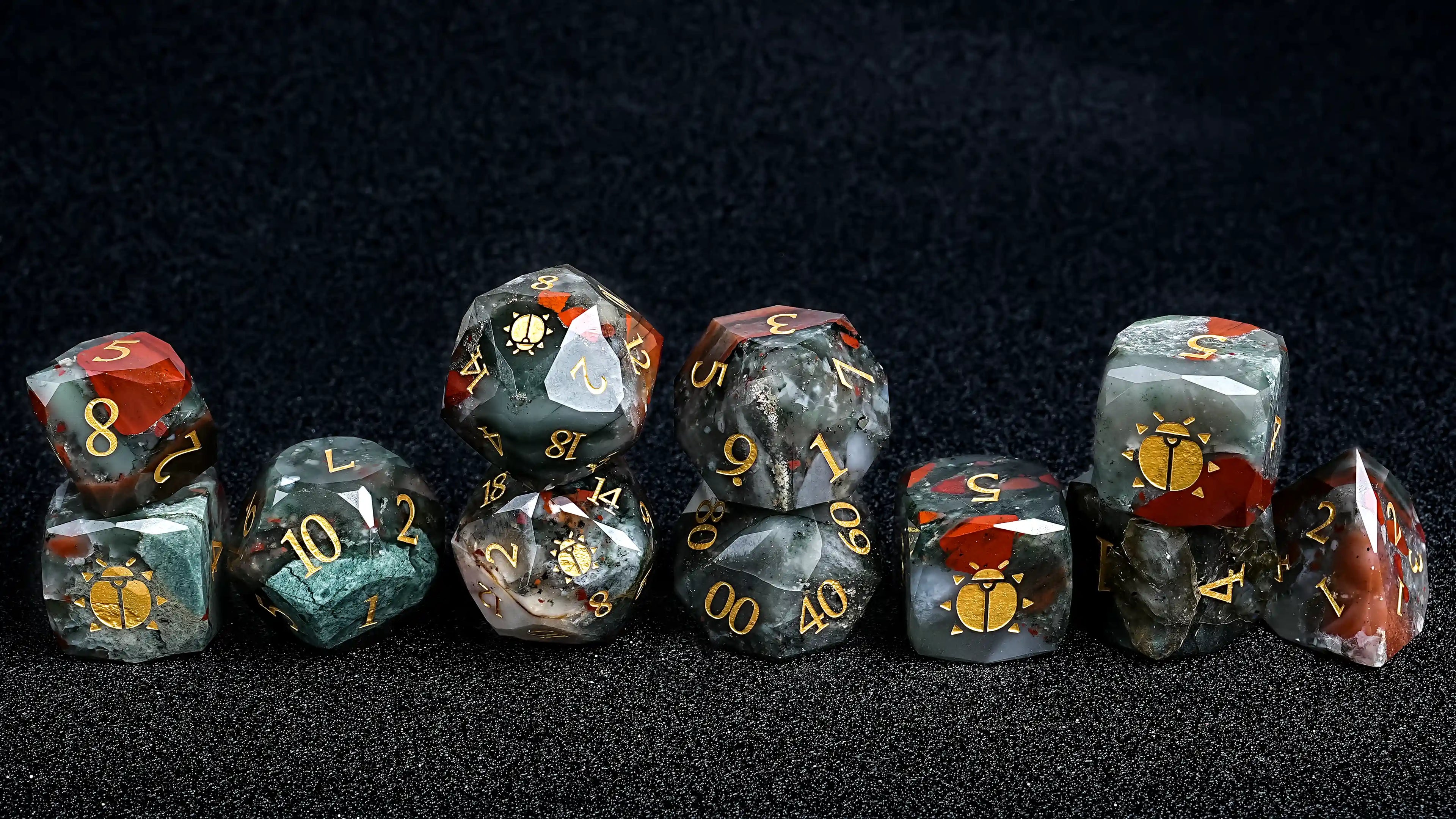 Kickstarter Dice - Natural Bloodstone DND Gemstone Dice Set - Khepri's Blessing