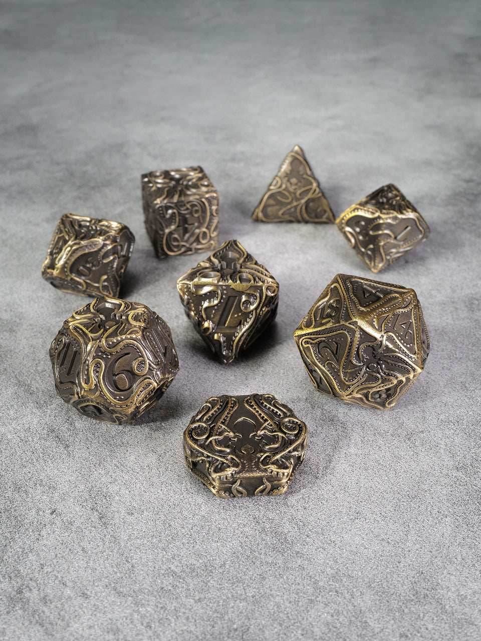 Kraken's Reach 8 pc TTRPG Dice Set - Brass Golem's Reach