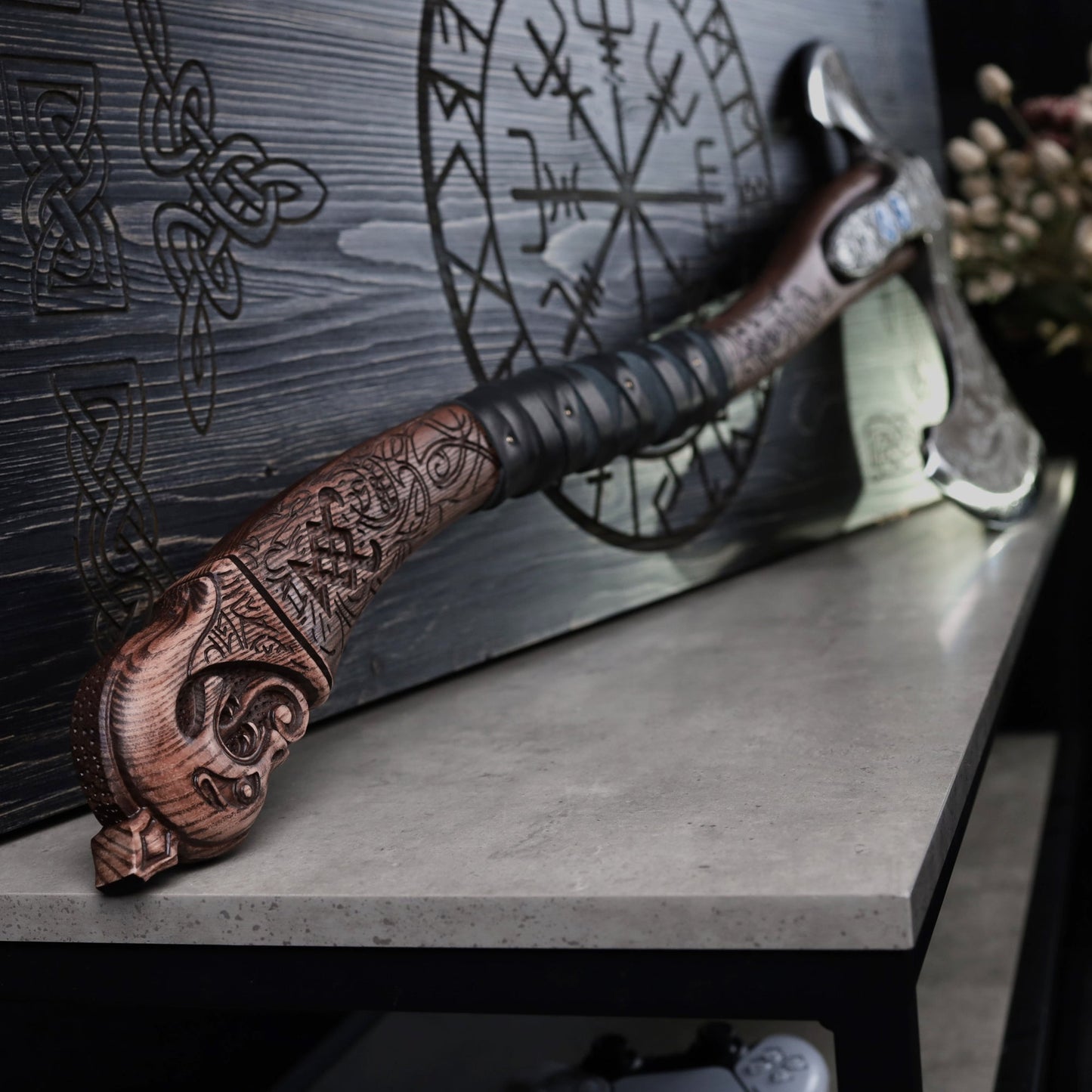 Hand-forged "Ragnarok Kratos axe" with carved handle and Luminescent Glow-in-the-Dark Runes