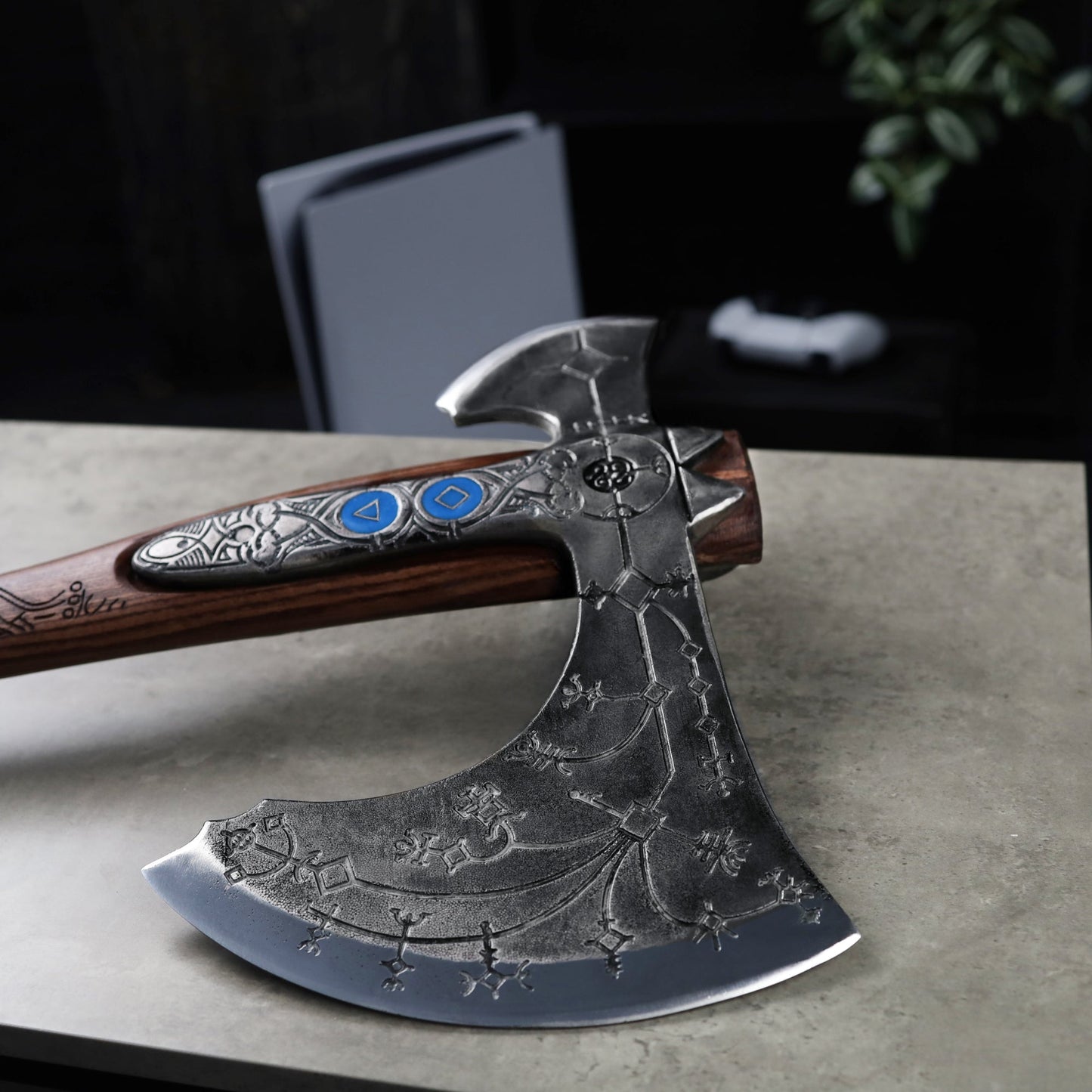 Hand-forged "Ragnarok Kratos axe" with carved handle and Luminescent Glow-in-the-Dark Runes
