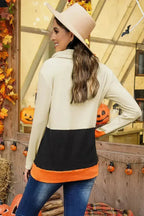 Cowl Neck Pumpkin Print Color Block Halloween Sweatshirt