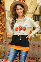 Cowl Neck Pumpkin Print Color Block Halloween Sweatshirt