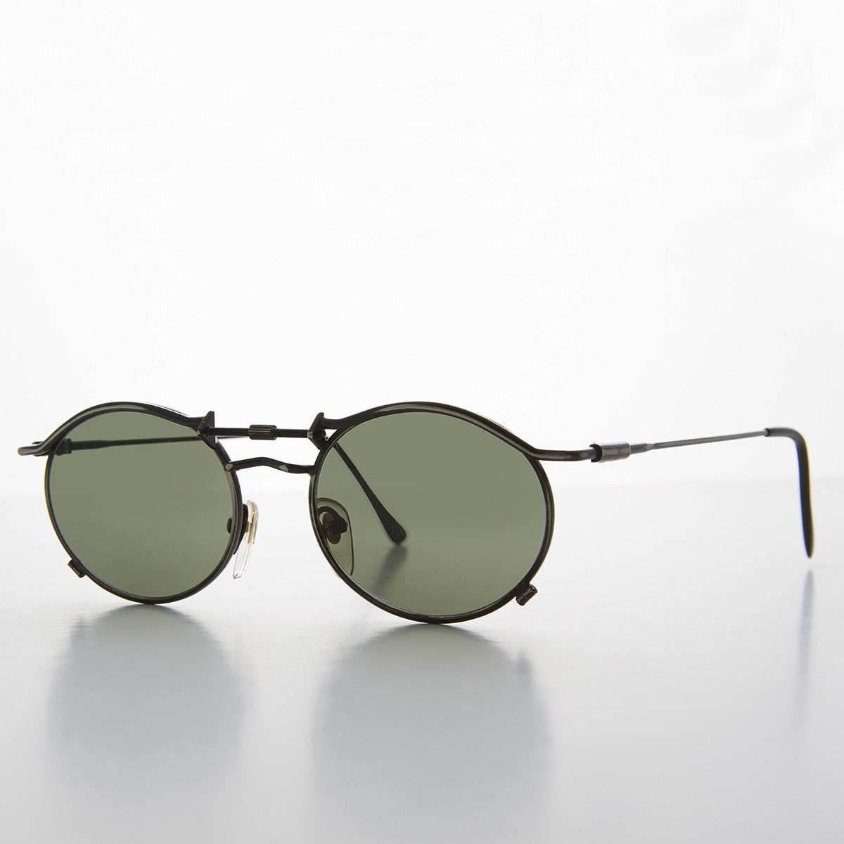 90s Oval Steampunk Sunglass Optical Quality - Lucian - Antique Gun / Green Lens