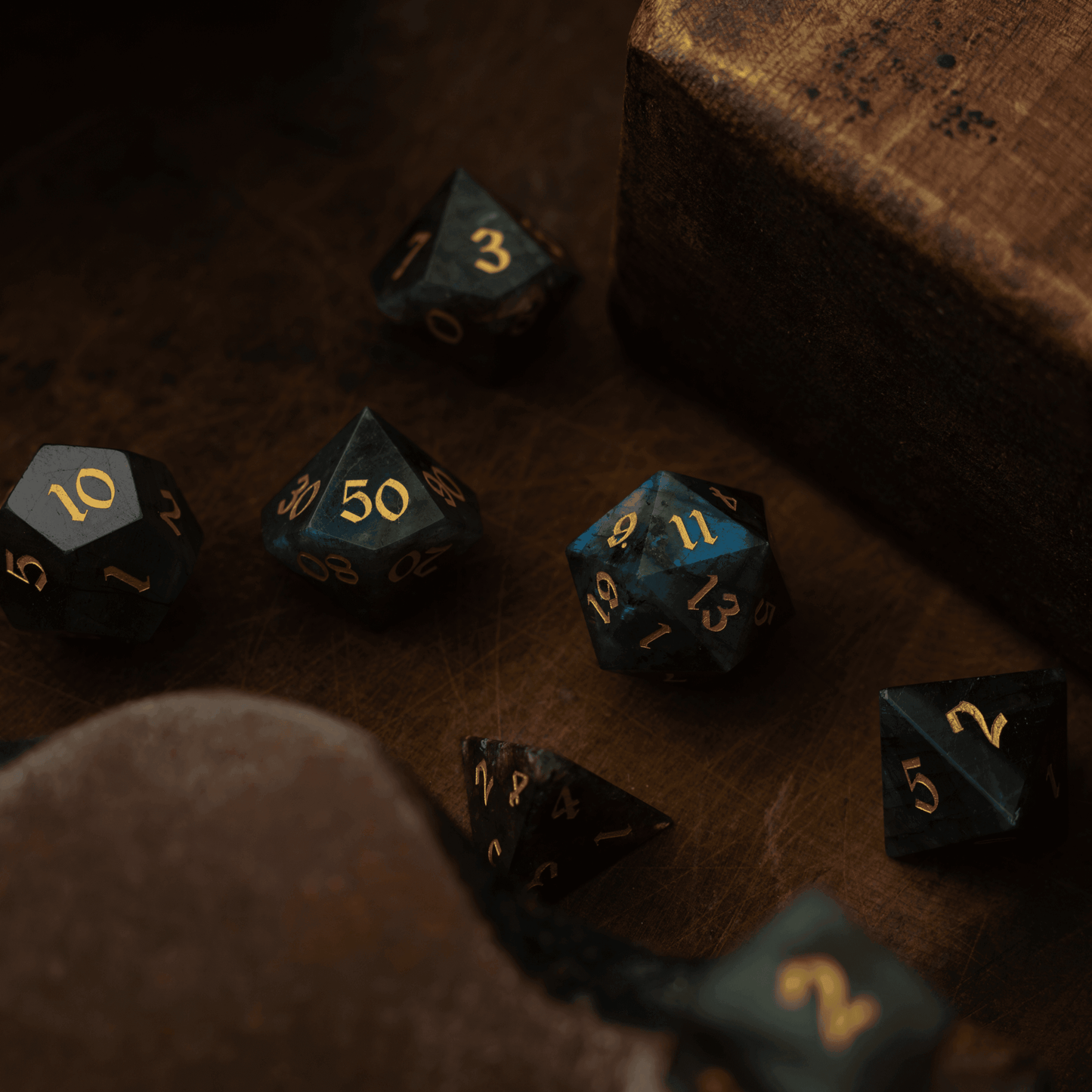 Labradorite Gemstone DND Dice Set - Full Set And Free Dice Box