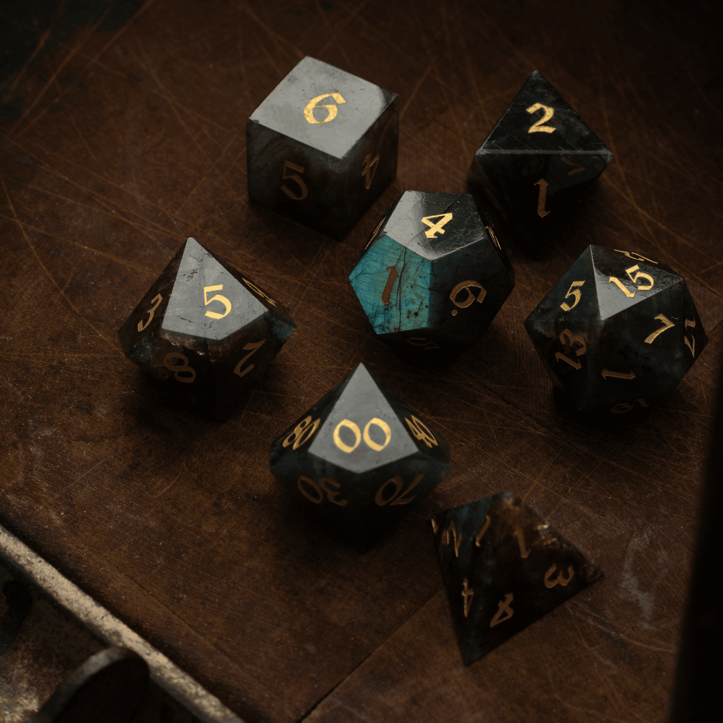 Labradorite Gemstone DND Dice Set - Full Set And Free Dice Box