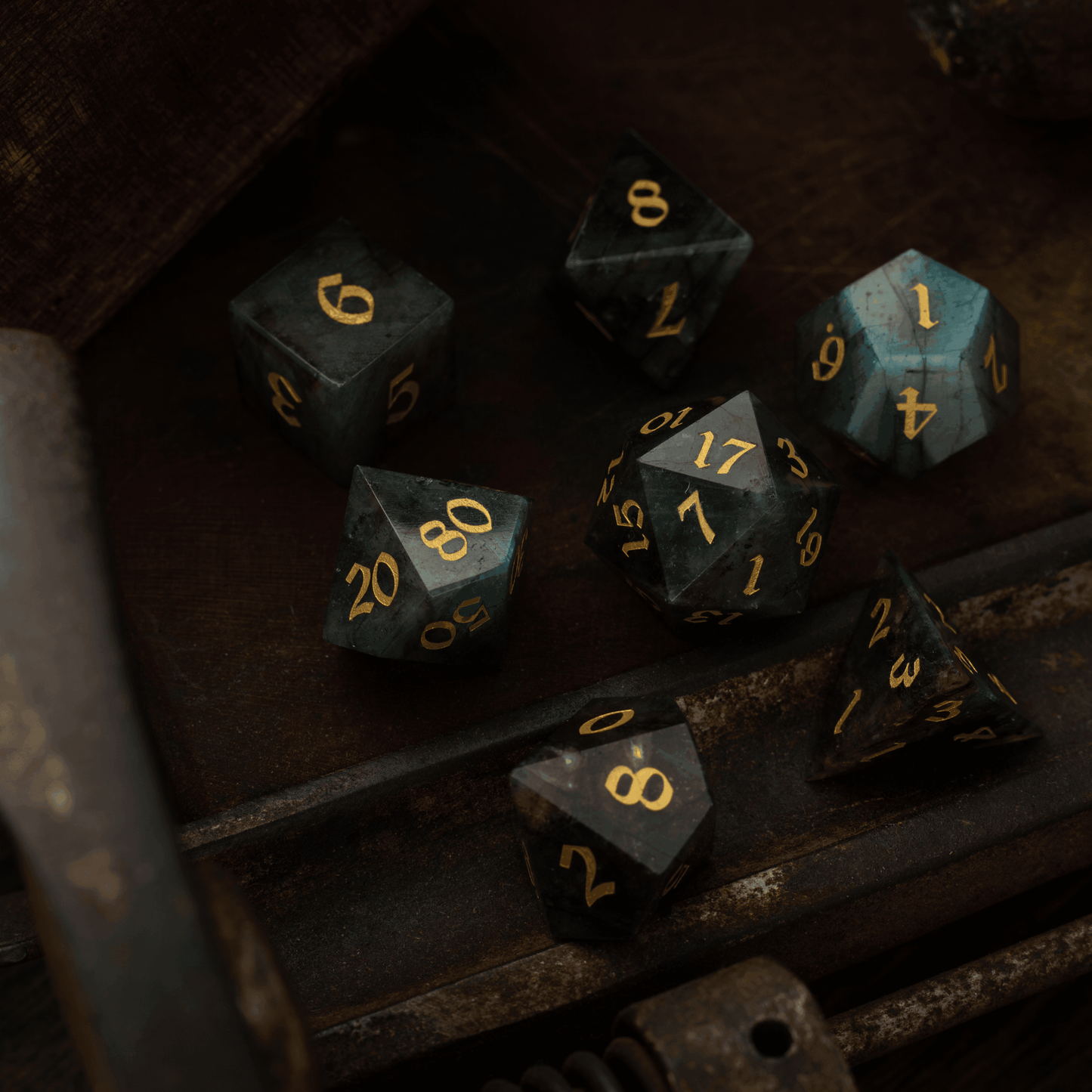 Labradorite Gemstone DND Dice Set - Full Set And Free Dice Box