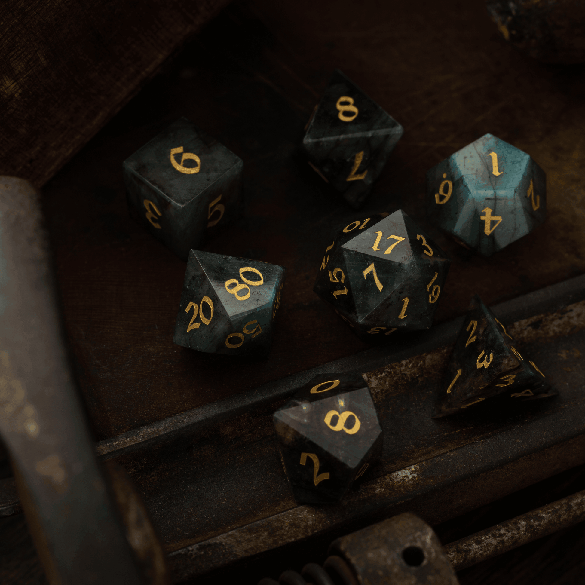 Labradorite Gemstone DND Dice Set - Full Set And Free Dice Box