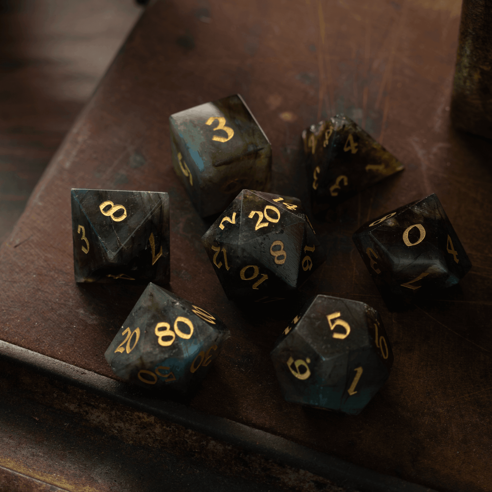 Labradorite Gemstone DND Dice Set - Full Set And Free Dice Box