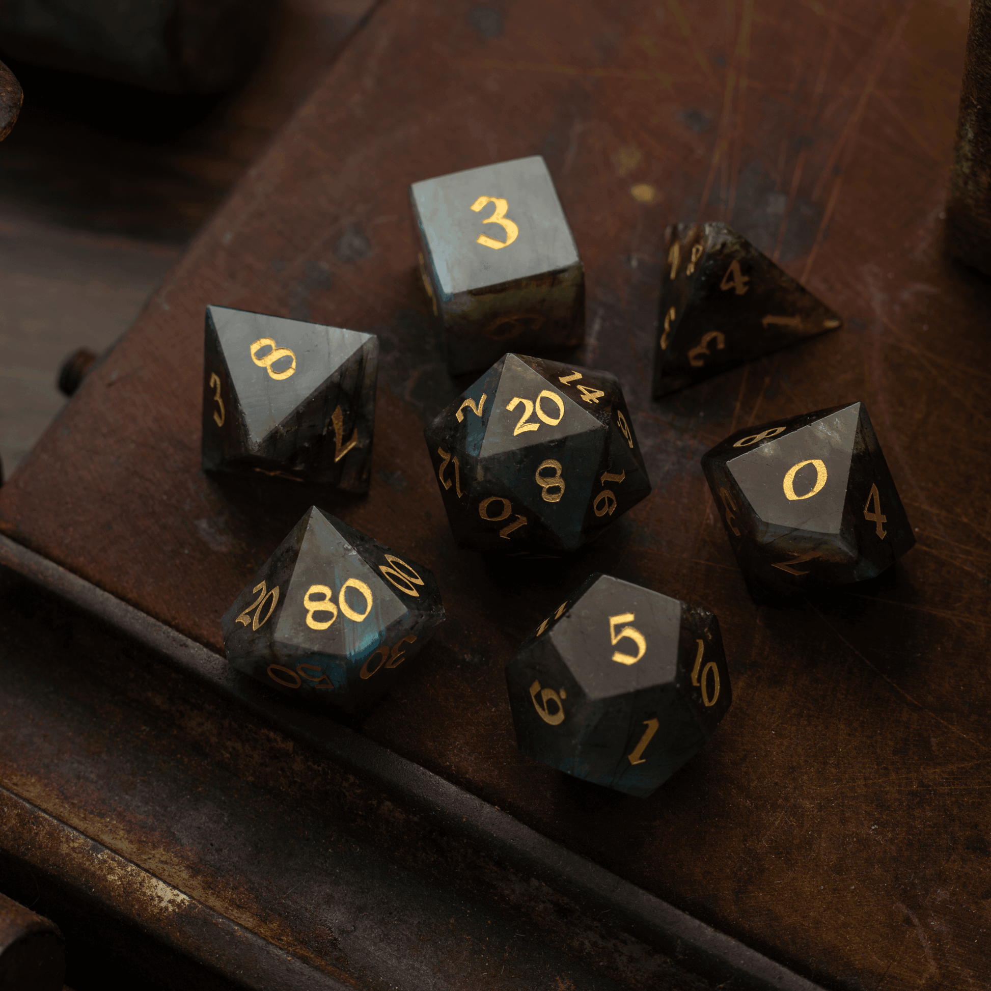 Labradorite Gemstone DND Dice Set - Full Set And Free Dice Box