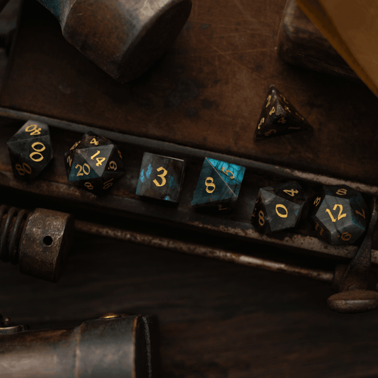 Labradorite Gemstone DND Dice Set - Full Set And Free Dice Box