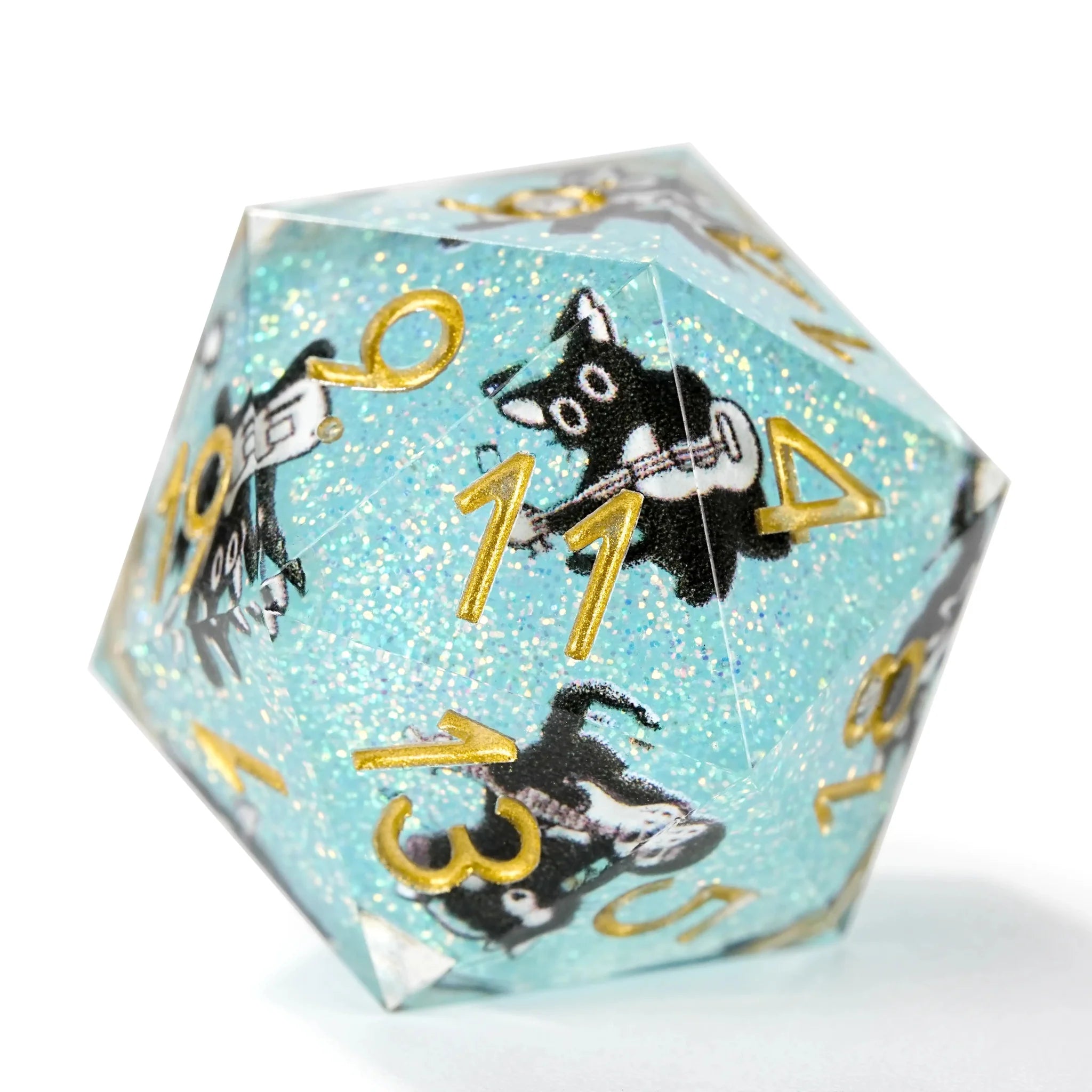 Dynamic Music Black Cat Light Blue Glitter Resin DND Dice Set