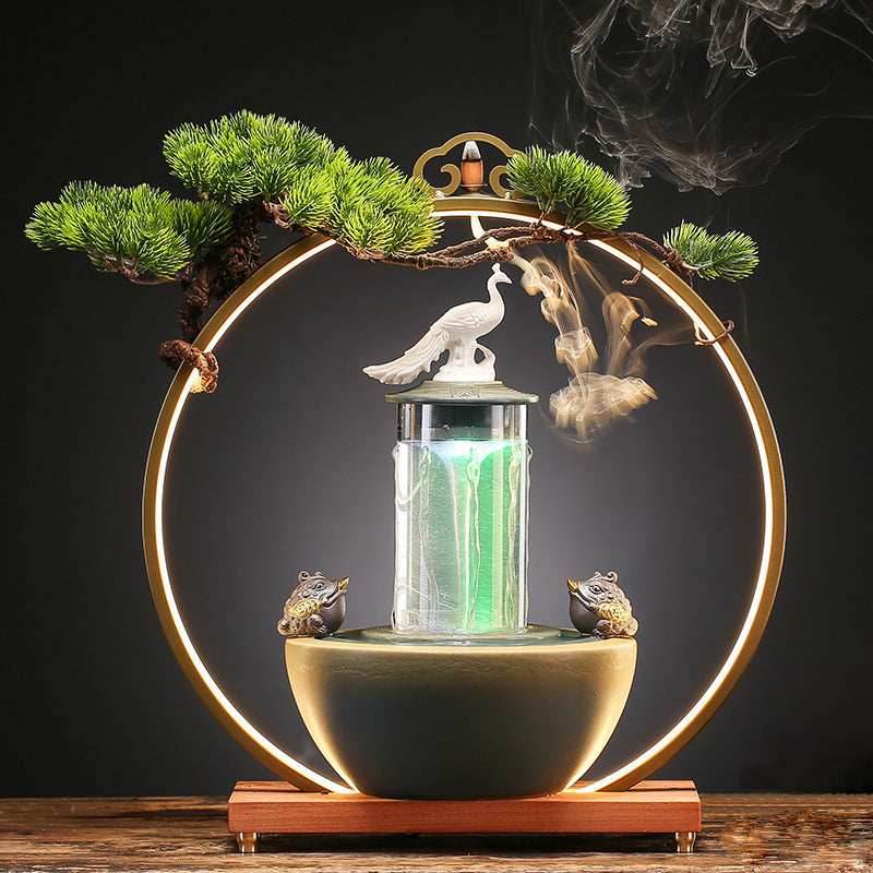 Lucky Pheasant Round LED Backflow Incense Burner With Flowing Water Fortune Fountain - 