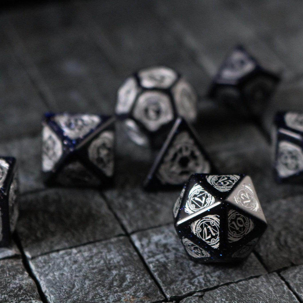 Mage Fury Blue Sandstone Silver Font Gemstone DND Dice Set - Full Set And Free Dice Box