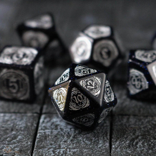 Mage Fury Blue Sandstone Silver Font Gemstone DND Dice Set - Full Set And Free Dice Box